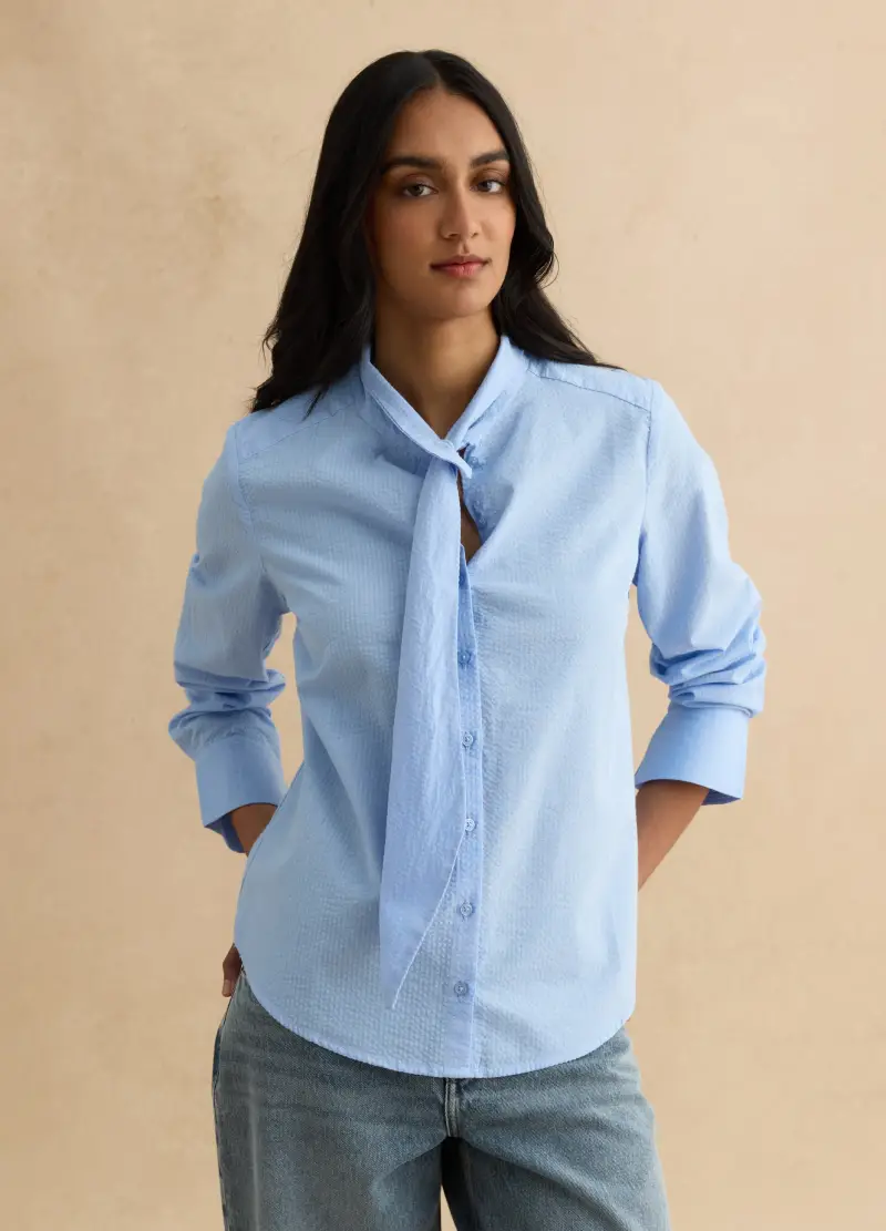 Camicia In Puro Cotone Azzurra Regular Fit Con Collo A Fiocco, Donna, Azzurro
