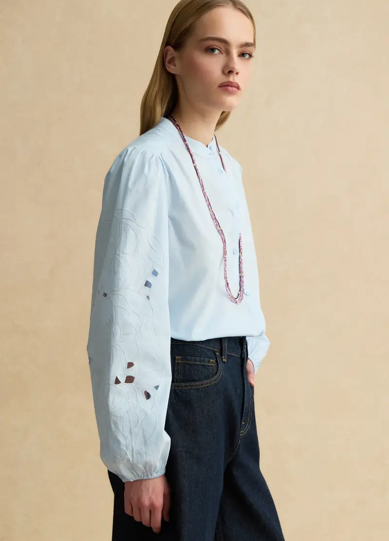 Camicia In Puro Cotone Azzurra Regular Fit Con Ricami, Donna, Azzurro miniatura 2