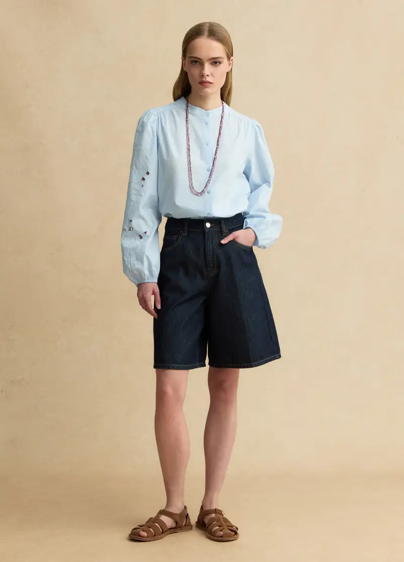 Camicia In Puro Cotone Azzurra Regular Fit Con Ricami, Donna, Azzurro miniatura 3