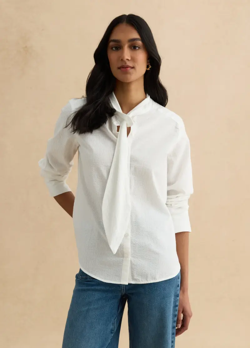 Camicia In Puro Cotone Bianca Regular Fit Con Collo A Fiocco, Donna, Bianco miniatura 3