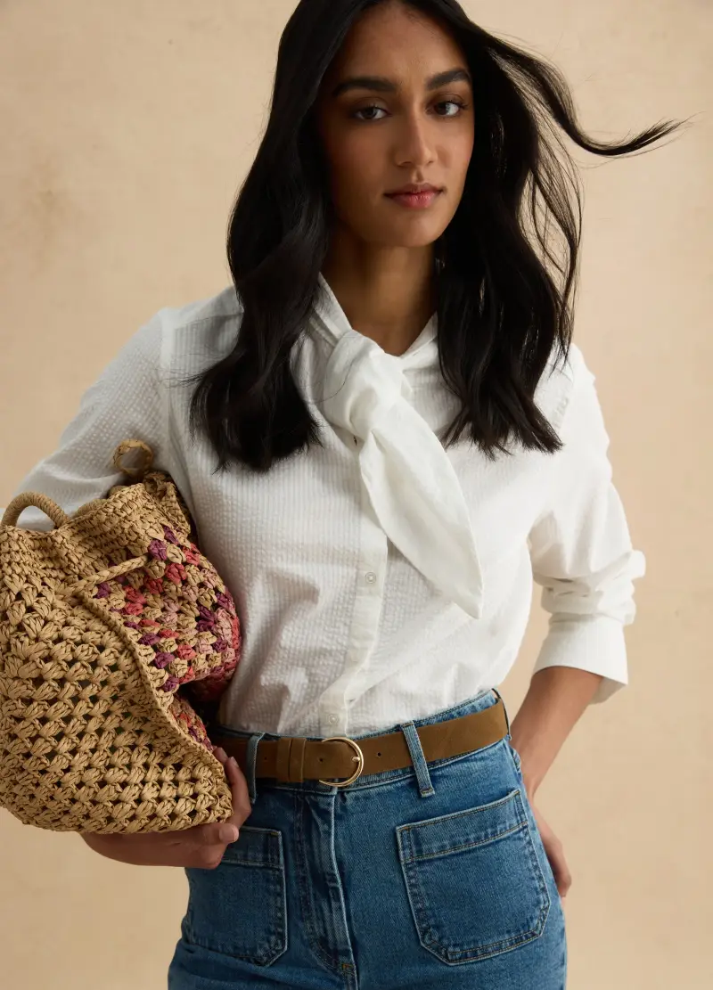 Camicia In Puro Cotone Bianca Regular Fit Con Collo A Fiocco, Donna, Bianco