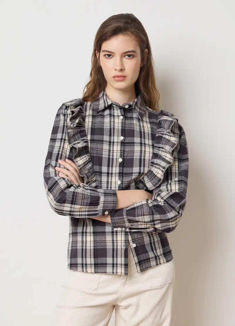 Camicia In Puro Cotone Multicolor A Quadri Con Volant, Donna, Multicolor miniatura 2