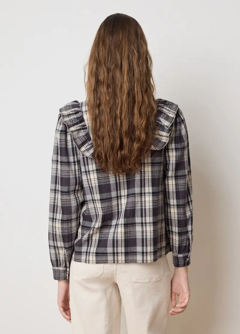 Camicia In Puro Cotone Multicolor A Quadri Con Volant, Donna, Multicolor miniatura 3