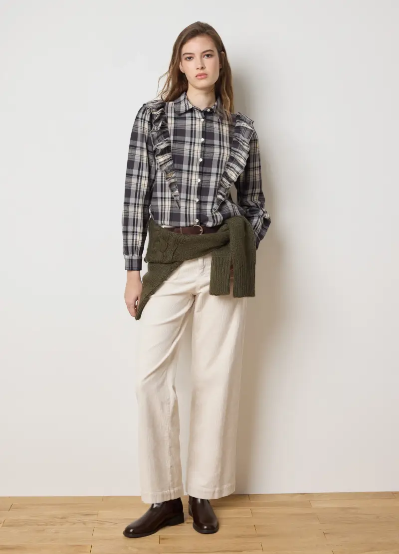 Camicia In Puro Cotone Multicolor A Quadri Con Volant, Donna, Multicolor