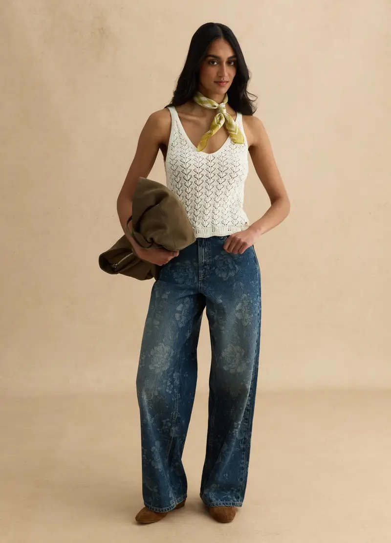 Canotta Bianca In Crochet Di Puro Cotone, Donna, Beige miniatura 2