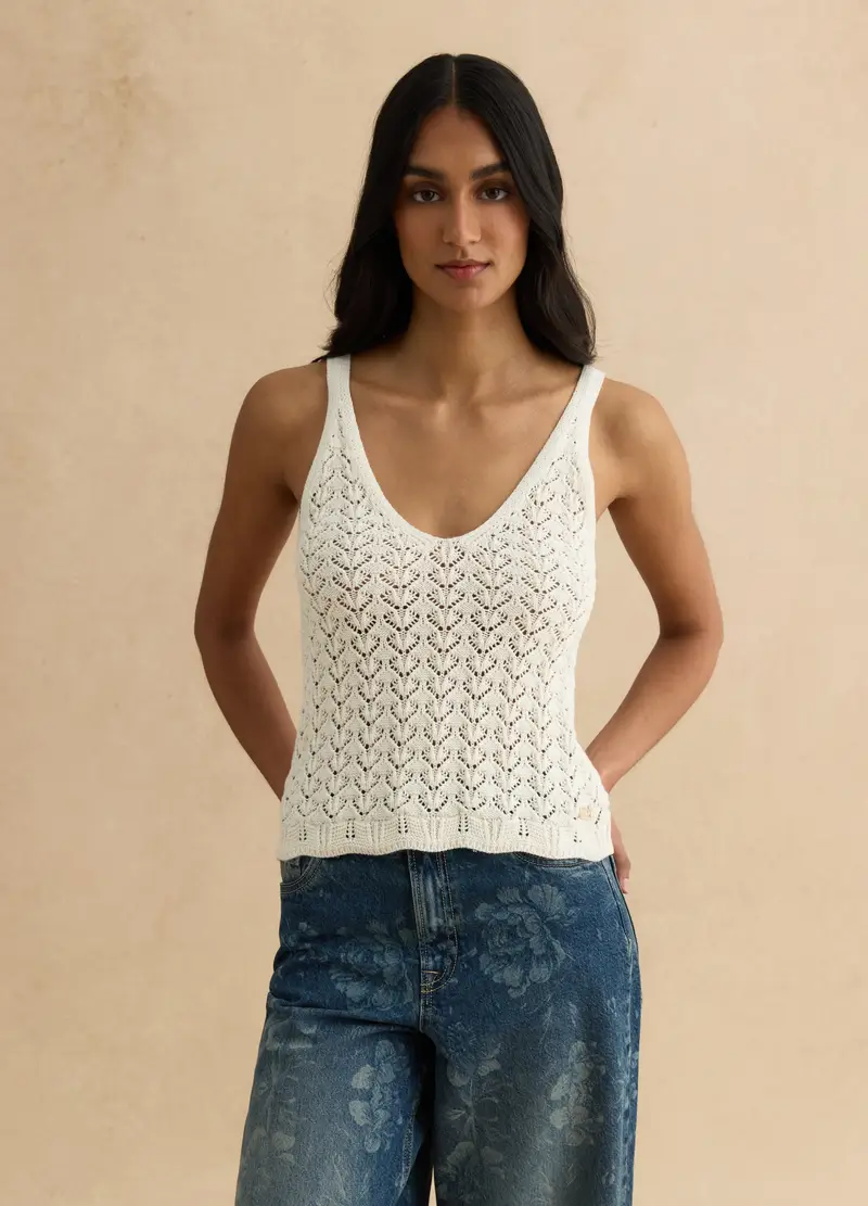 Canotta Bianca In Crochet Di Puro Cotone, Donna, Beige miniatura 3