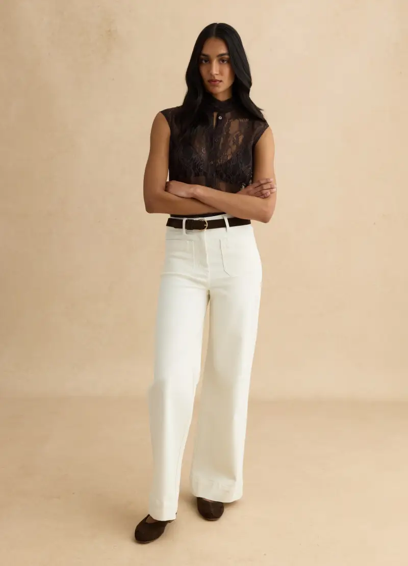 Canotta In Pizzo Marrone Regular Fit Con Fiocco, Donna, Marrone miniatura 2