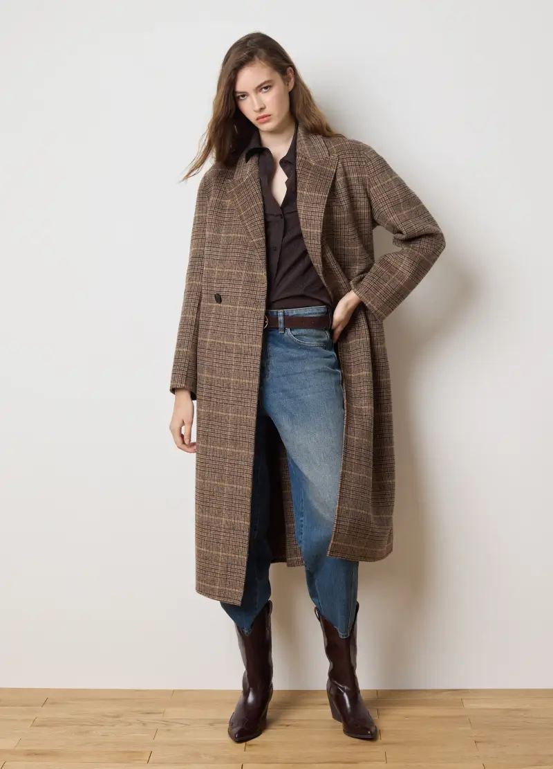 Cappotto A Quadri Marrone In Misto Lana Regular Fit, Donna, Marrone