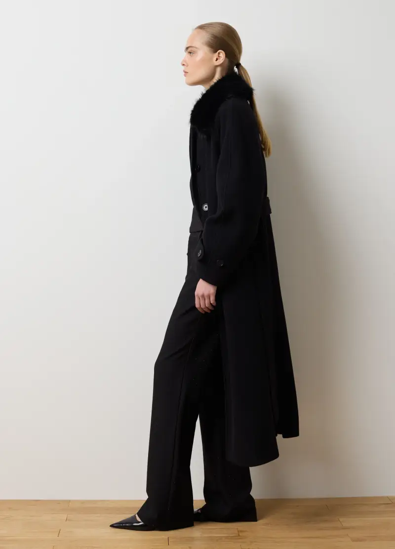 Cappotto Lungo Nero Con Collo Morbido E Cintura Regular Fit, Donna, Nero miniatura 2