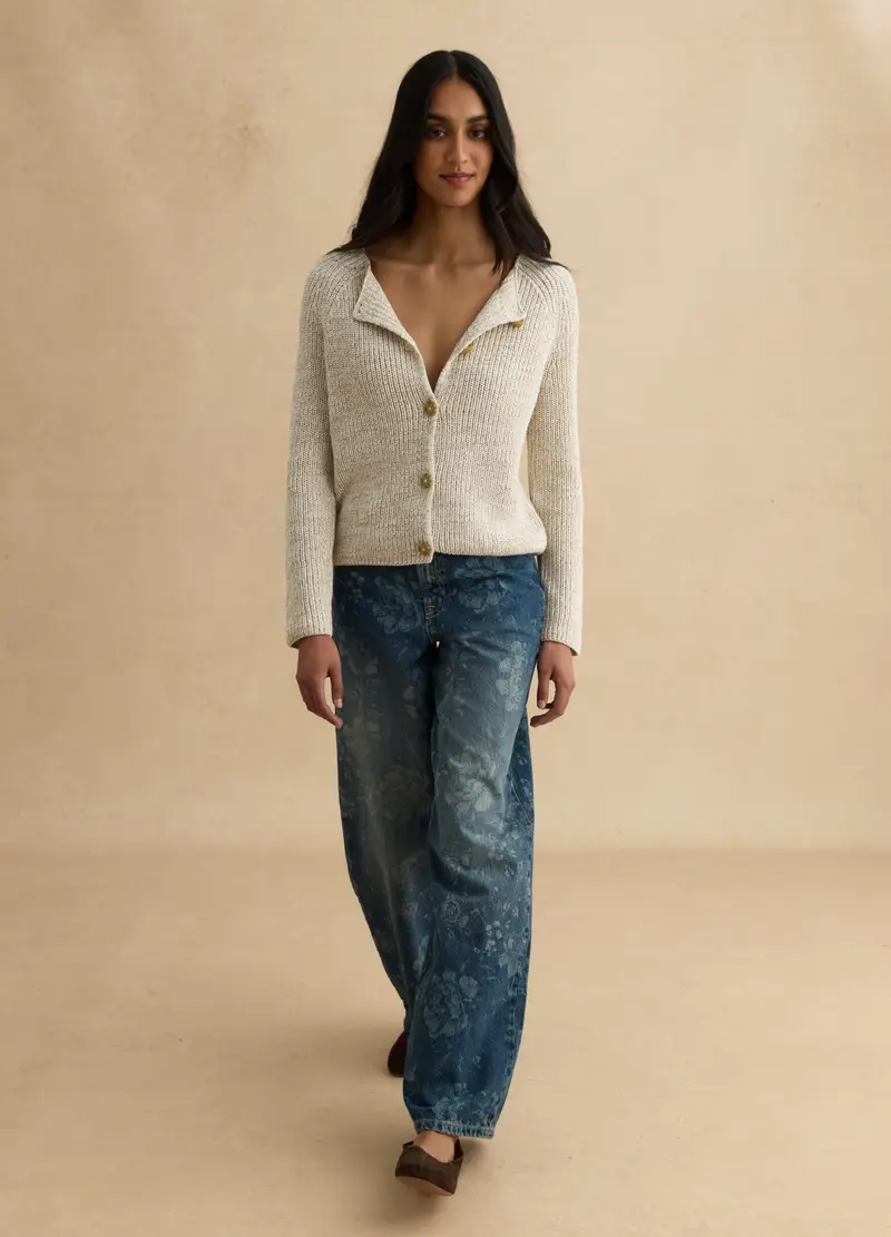 Cardigan Beige In Puro Cotone, Donna, Bianco miniatura 2