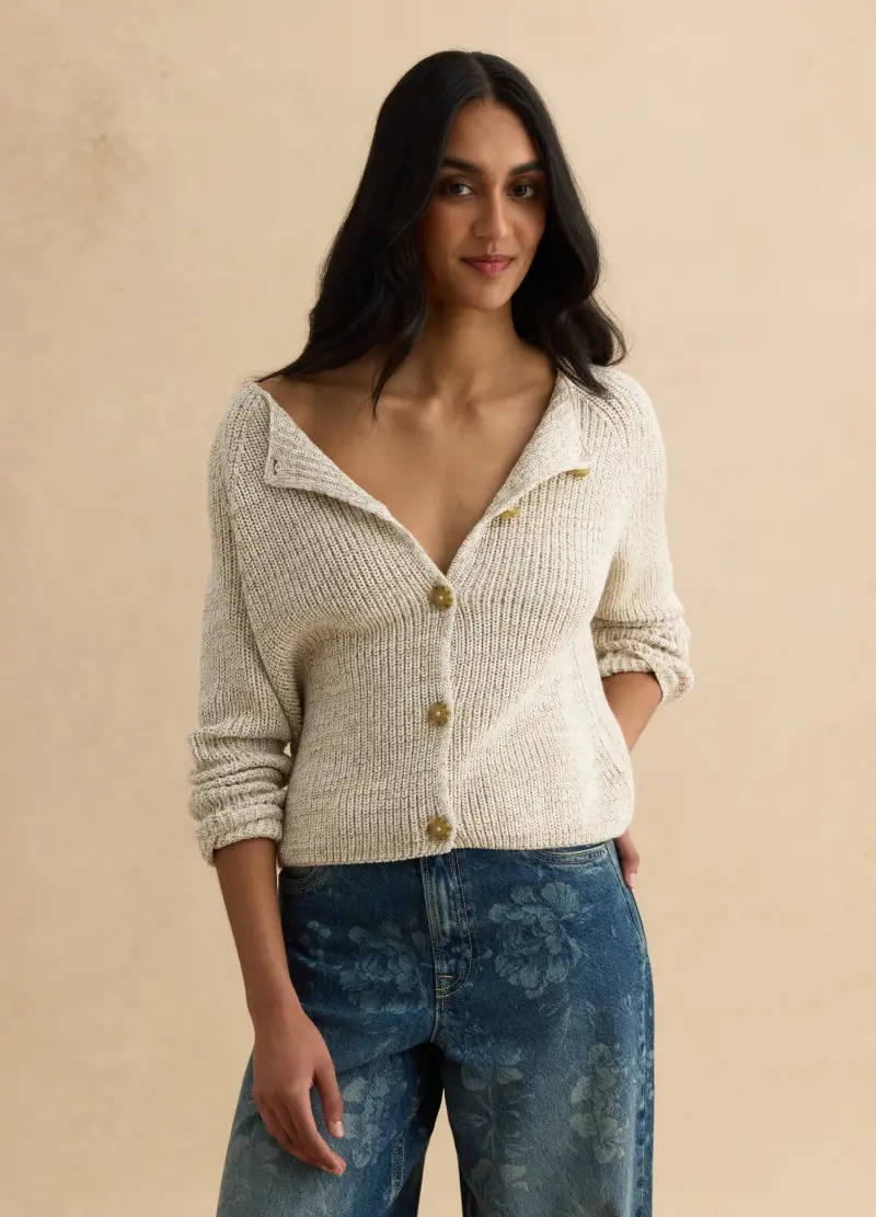 Cardigan Beige In Puro Cotone, Donna, Bianco