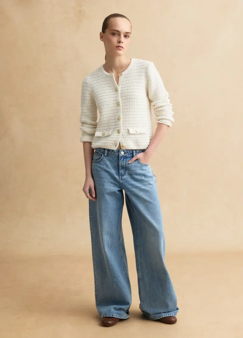 Cardigan Bianco In Puro Cotone Regular Fit Con Bottoni E Tasche, Donna, Bianco