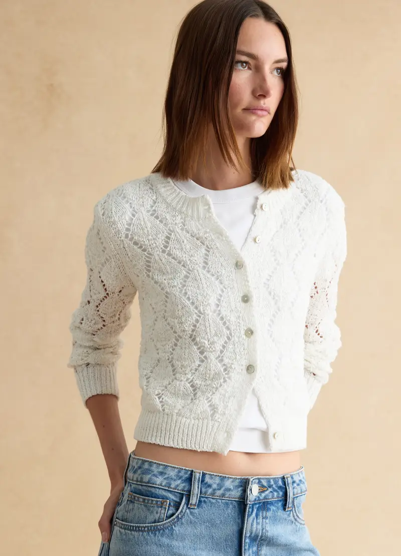 Cardigan In Misto Cotone Bianco Regular Fit Con Lavorazione A Maglia, Donna, Bianco