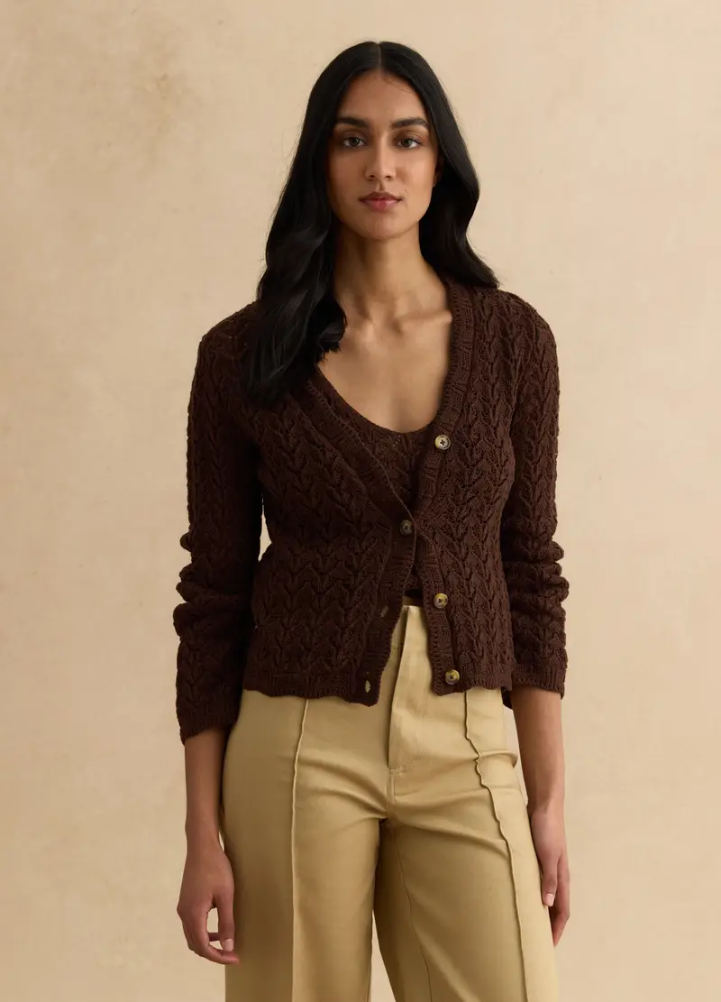 Cardigan Marrone Deep V In Crochet Di Puro Cotone Regular Fit, Donna, Marrone miniatura 2