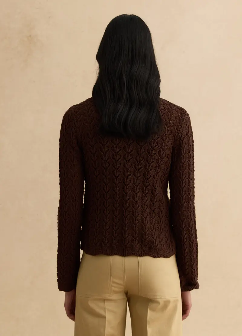 Cardigan Marrone Deep V In Crochet Di Puro Cotone Regular Fit, Donna, Marrone miniatura 3