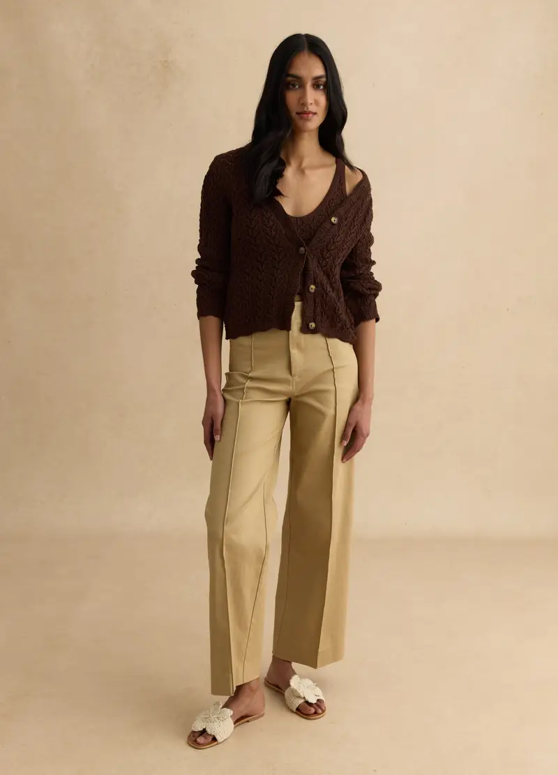 Cardigan Marrone Deep V In Crochet Di Puro Cotone Regular Fit, Donna, Marrone