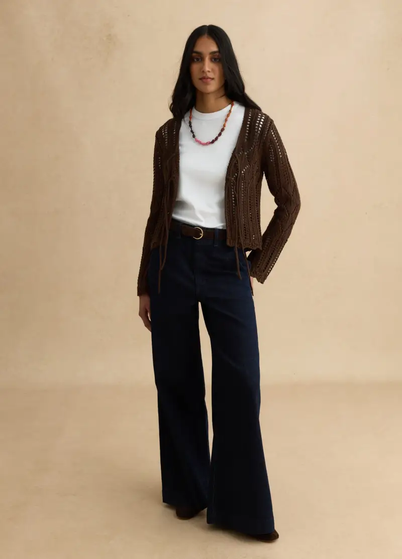 Cardigan Traforato Deep V In Crochet Di Puro Cotone Marrone Regular Fit, Donna, Marrone miniatura 2