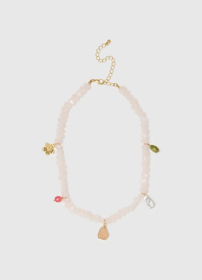 Collana In Vetro Rosa Con Ciondoli, Donna, Rosa