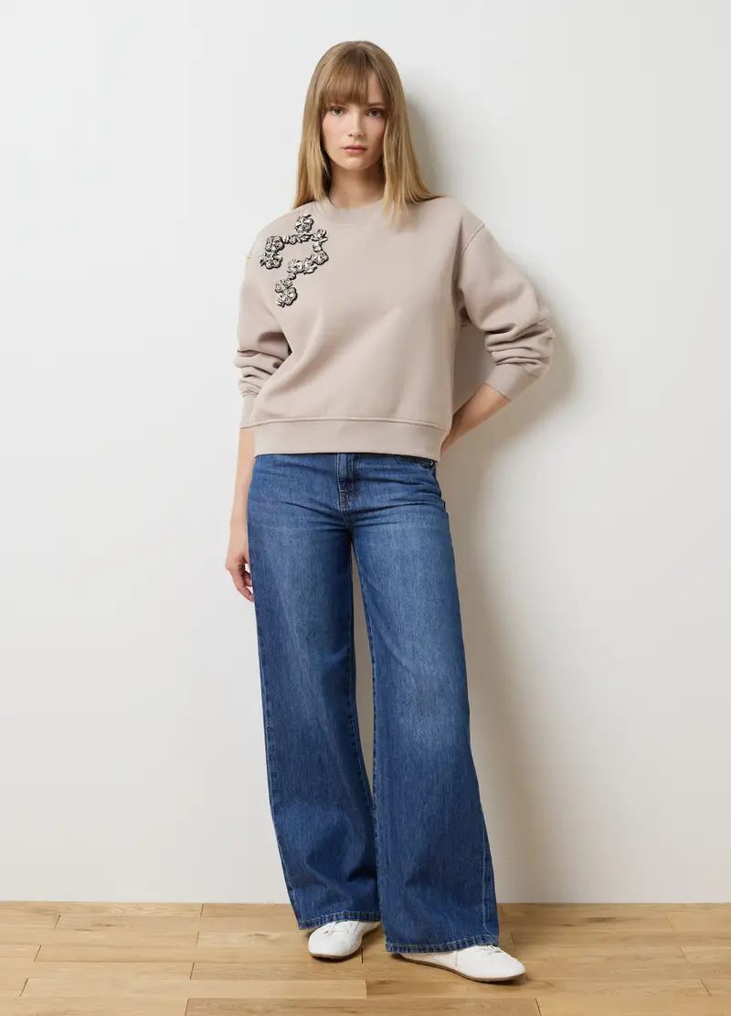 Felpa In Misto Cotone Beige Con Ricami, Donna, Beige miniatura 2