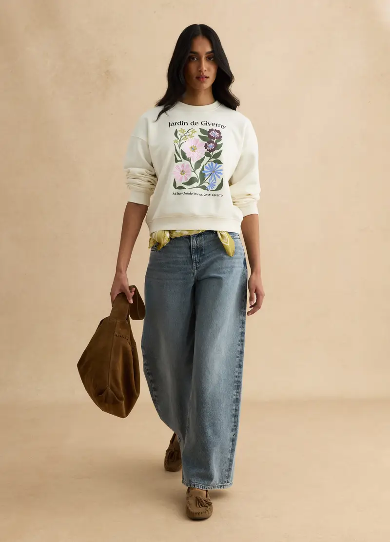 Felpa In Misto Cotone Beige Regular Fit Con Stampa, Donna, Beige miniatura 2