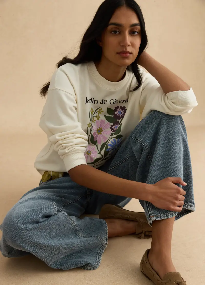 Felpa In Misto Cotone Beige Regular Fit Con Stampa, Donna, Beige