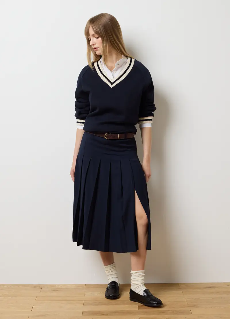 Felpa In Misto Cotone Blu Con Collo A V, Donna, Blu miniatura 2