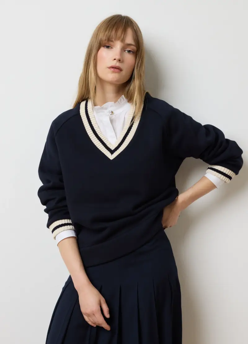 Felpa In Misto Cotone Blu Con Collo A V, Donna, Blu miniatura 3