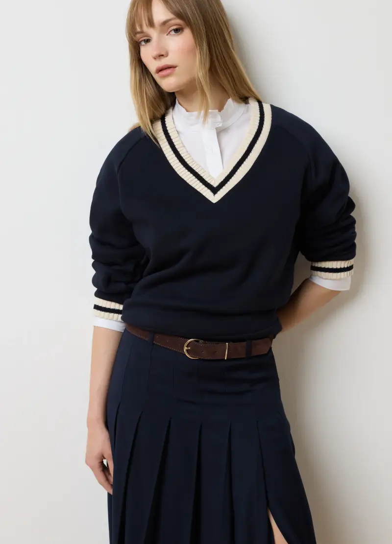 Felpa In Misto Cotone Blu Con Collo A V, Donna, Blu