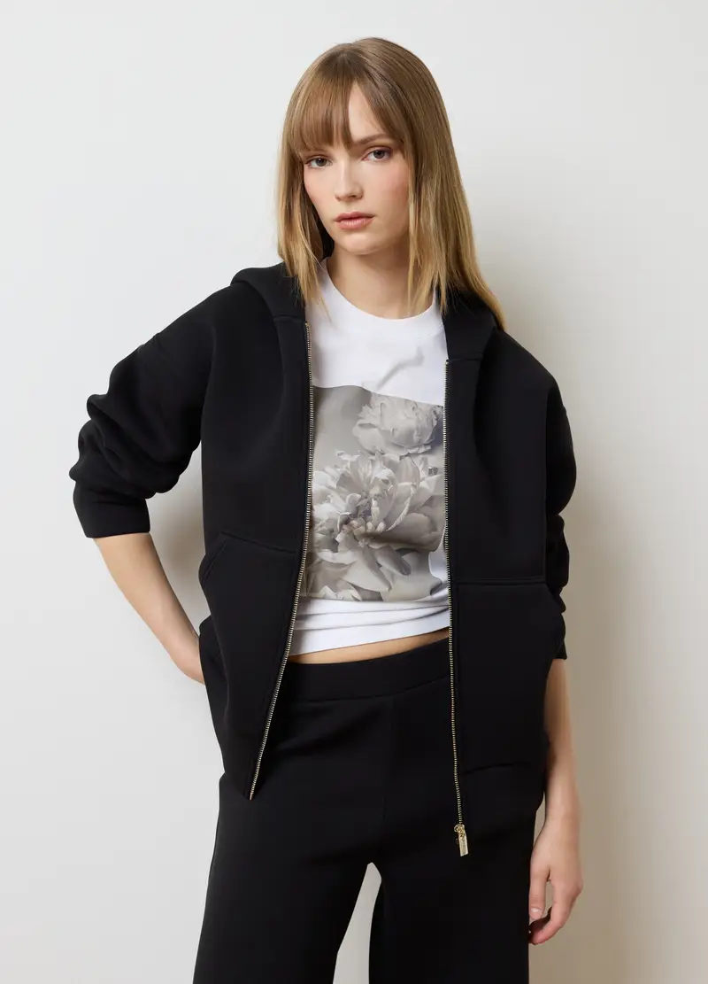 Felpa Nera Con Cappuccio E Zip, Donna, Nero miniatura 3