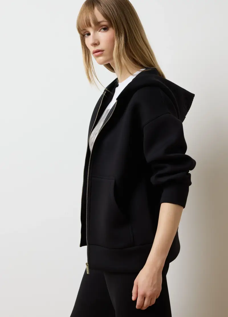 Felpa Nera Con Cappuccio E Zip, Donna, Nero