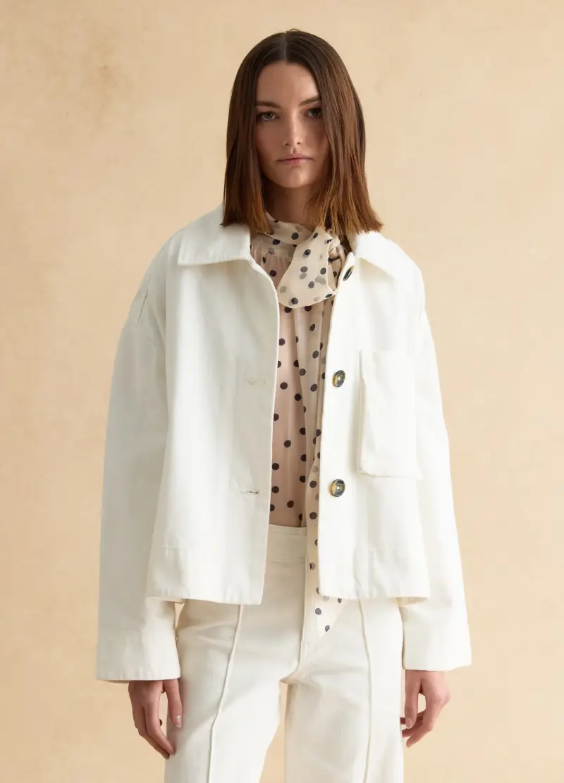 Giacca In Puro Cotone Bianca Regular Fit Con Bottoni, Donna, Bianco miniatura 3