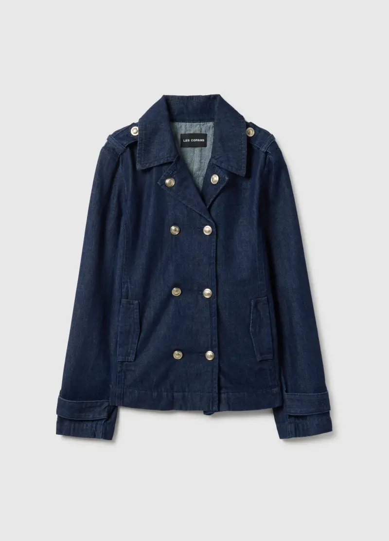 Giacca In Puro Cotone Denim Blu Regular Fit Con Bottoni Dorati, Donna, Blu