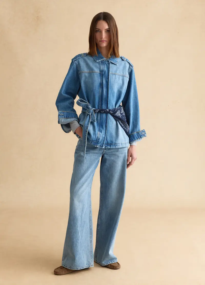 Giacca In Puro Cotone Denim Blu Regular Fit Con Cintura, Donna, Denim miniatura 2