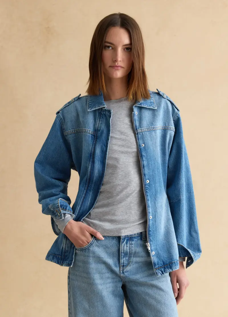 Giacca In Puro Cotone Denim Blu Regular Fit Con Cintura, Donna, Denim miniatura 3