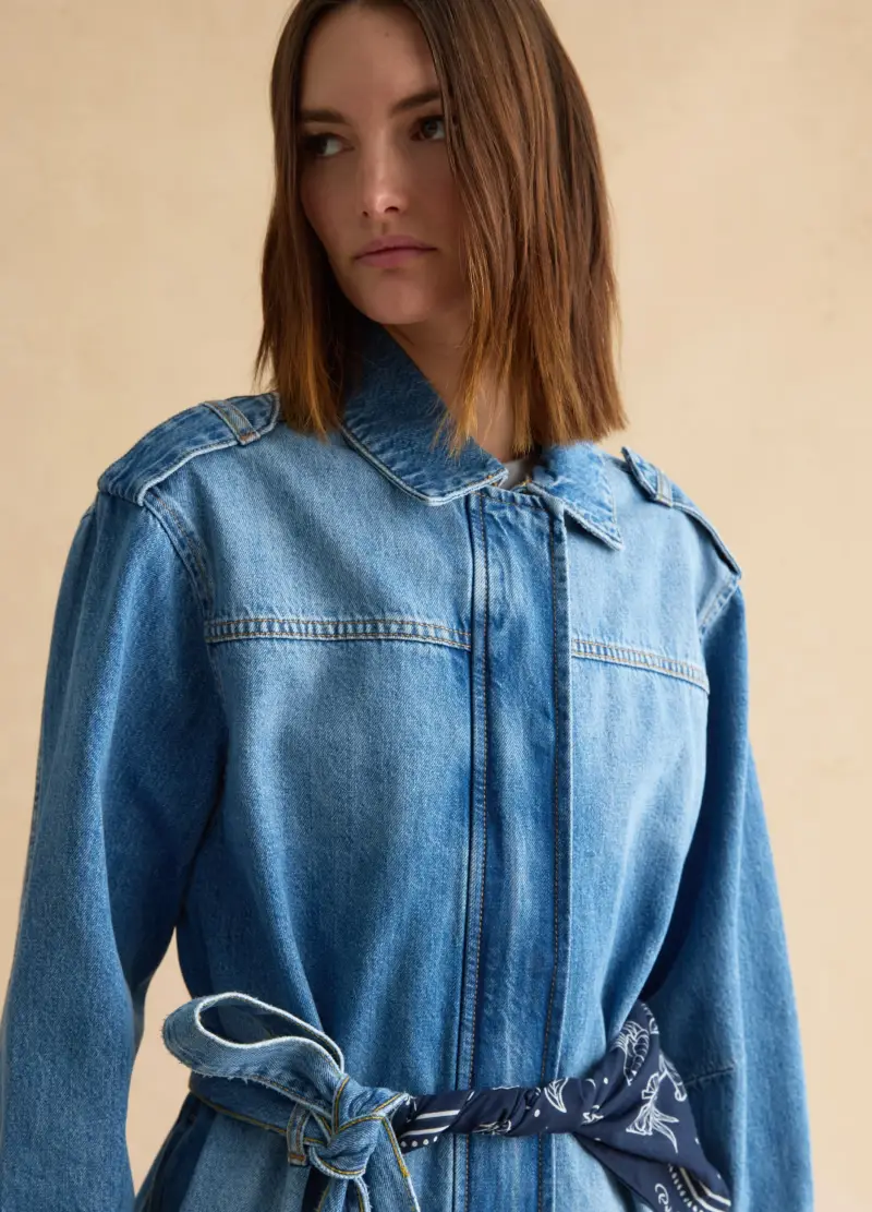 Giacca In Puro Cotone Denim Blu Regular Fit Con Cintura, Donna, Denim