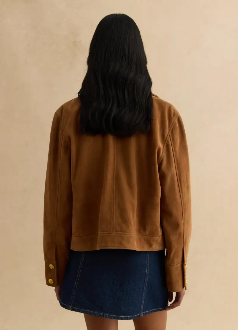 Giacca In Vera Pelle Marrone Regular Fit Con Bottoni, Donna, Marrone miniatura 3