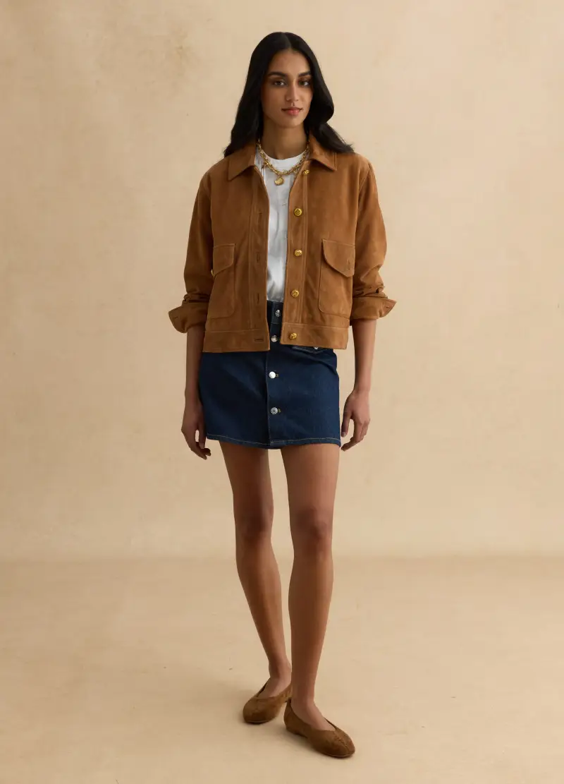 Giacca In Vera Pelle Marrone Regular Fit Con Bottoni, Donna, Marrone