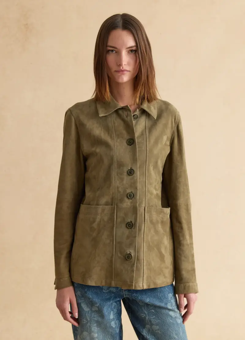 Giacca In Vera Pelle Verde Regular Fit Con Bottoni, Donna, Verde