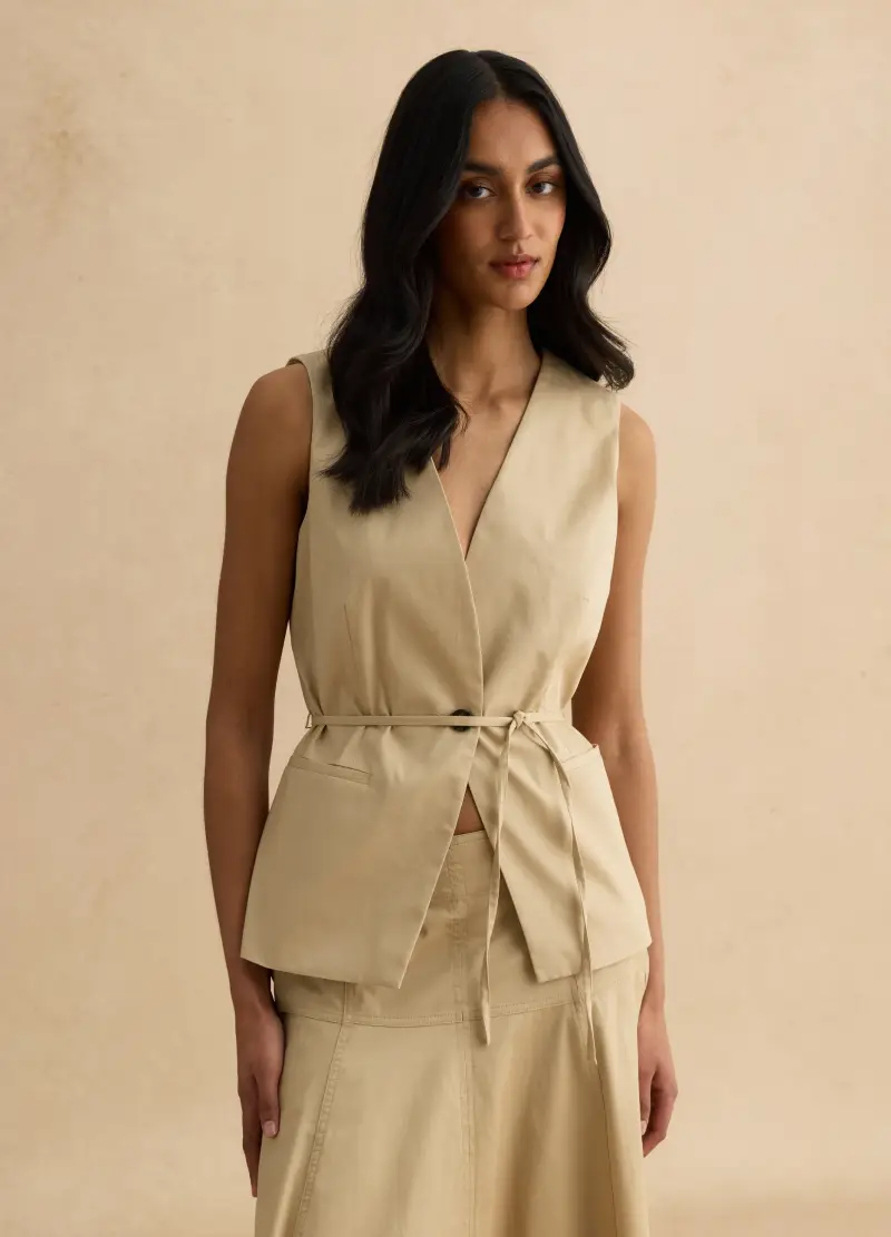 Gilet Beige In Puro Cotone, Donna, Marrone