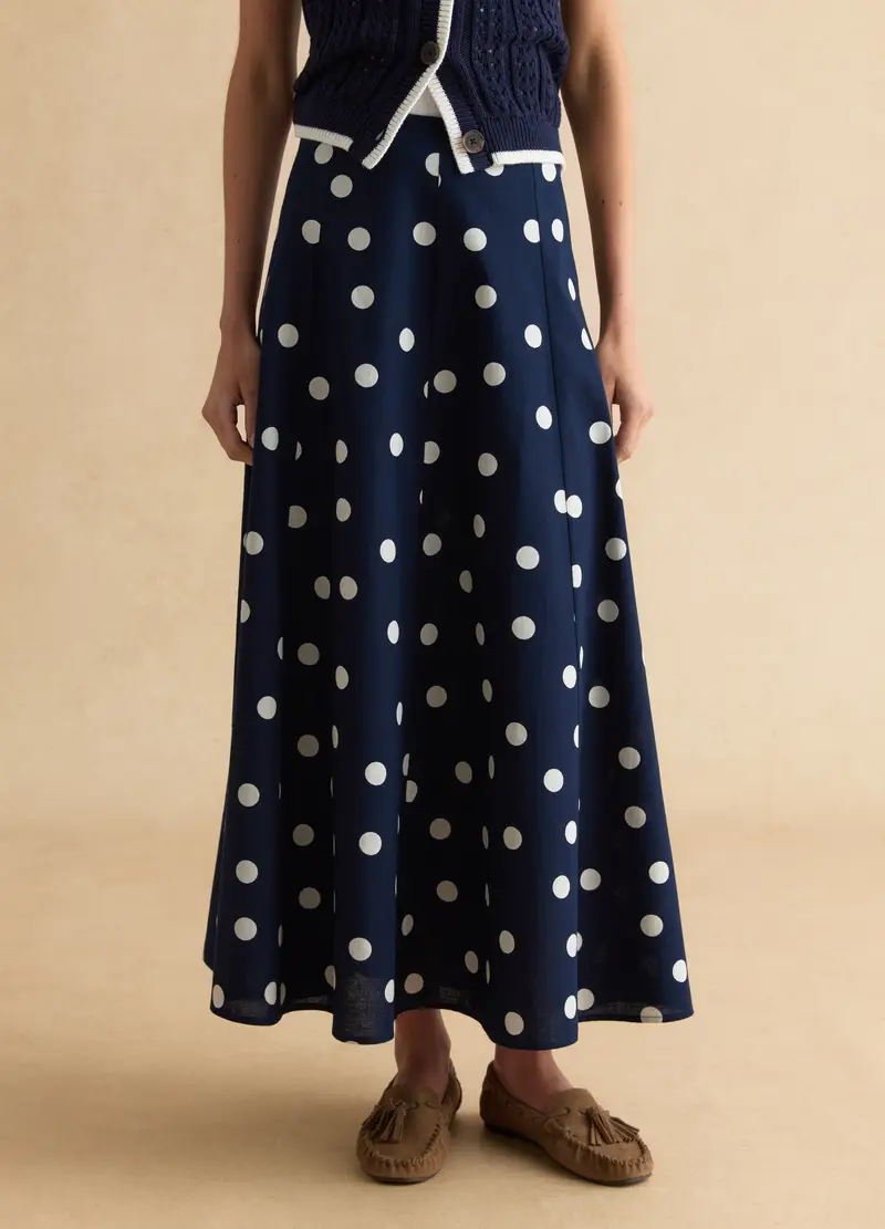 Gonna Lunga Blu A Pois Bianchi In Misto Cotone E Lino, Donna, Multicolor miniatura 2