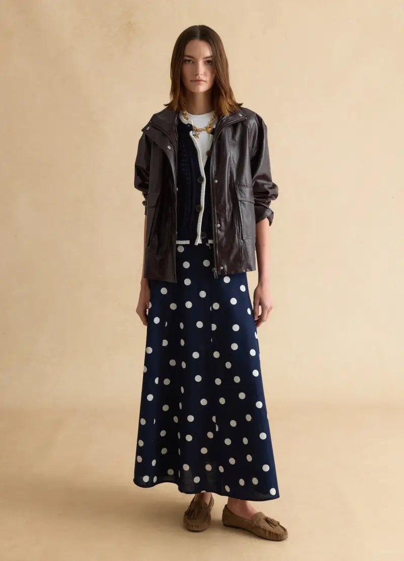 Gonna Lunga Blu A Pois Bianchi In Misto Cotone E Lino, Donna, Multicolor