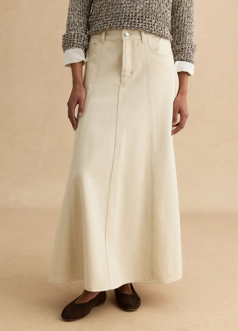 Gonna Lunga In Puro Cotone Denim Beige Regular Fit, Donna, Beige miniatura 2