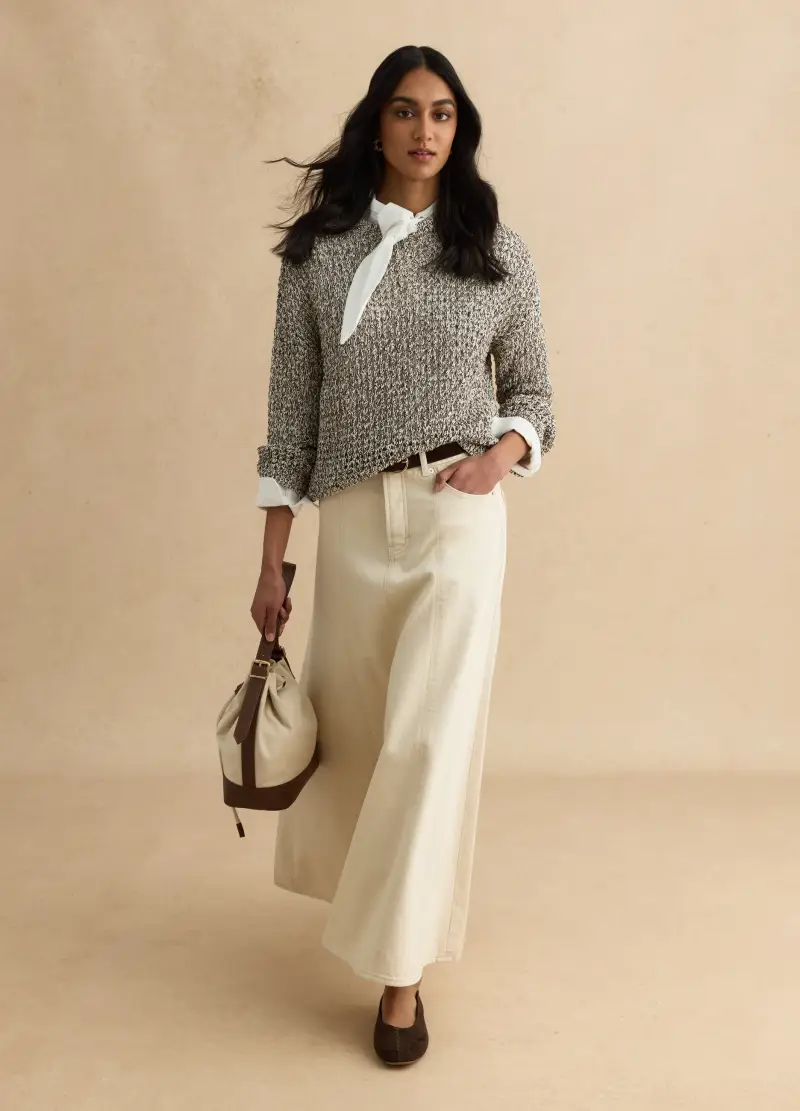 Gonna Lunga In Puro Cotone Denim Beige Regular Fit, Donna, Beige