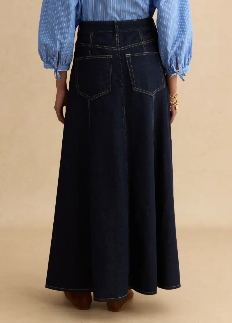 Gonna Lunga In Puro Cotone Denim Blu Regular Fit, Donna, Denim miniatura 3