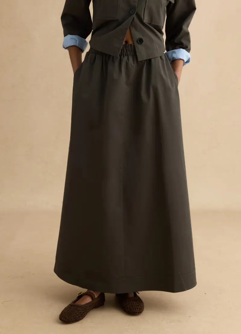 Gonna Lunga In Puro Cotone Grigia Con Cintura Elastica, Donna, Grigio miniatura 2