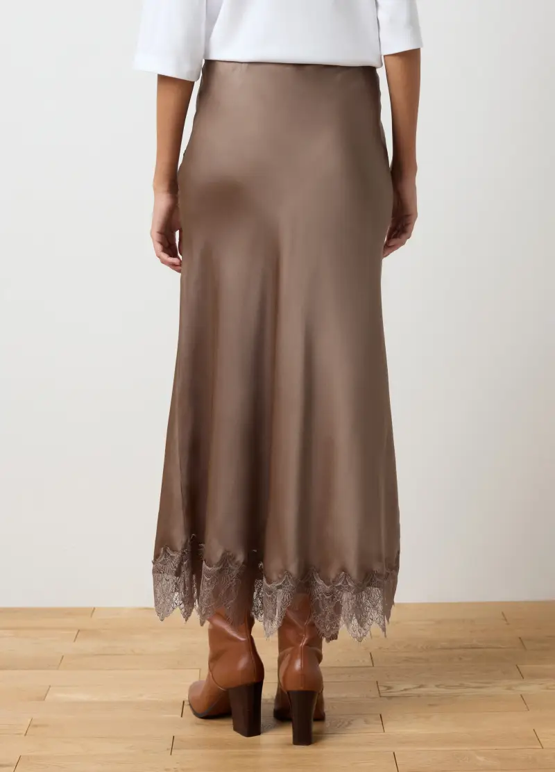 Gonna Marrone In Satin Con Pizzo E Regular Fit, Donna, Marrone miniatura 3