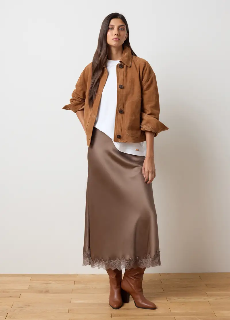 Gonna Marrone In Satin Con Pizzo E Regular Fit, Donna, Marrone