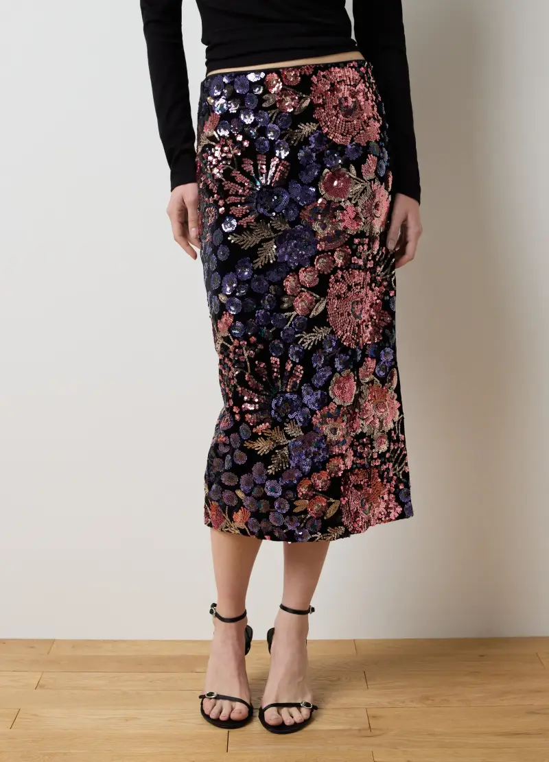 Gonna Midi Floreale Multicolor Con Paillettes, Donna, Multicolor miniatura 2