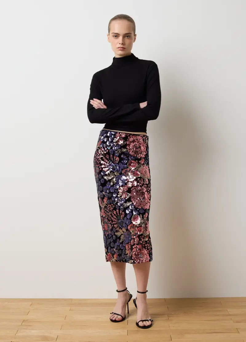 Gonna Midi Floreale Multicolor Con Paillettes, Donna, Multicolor