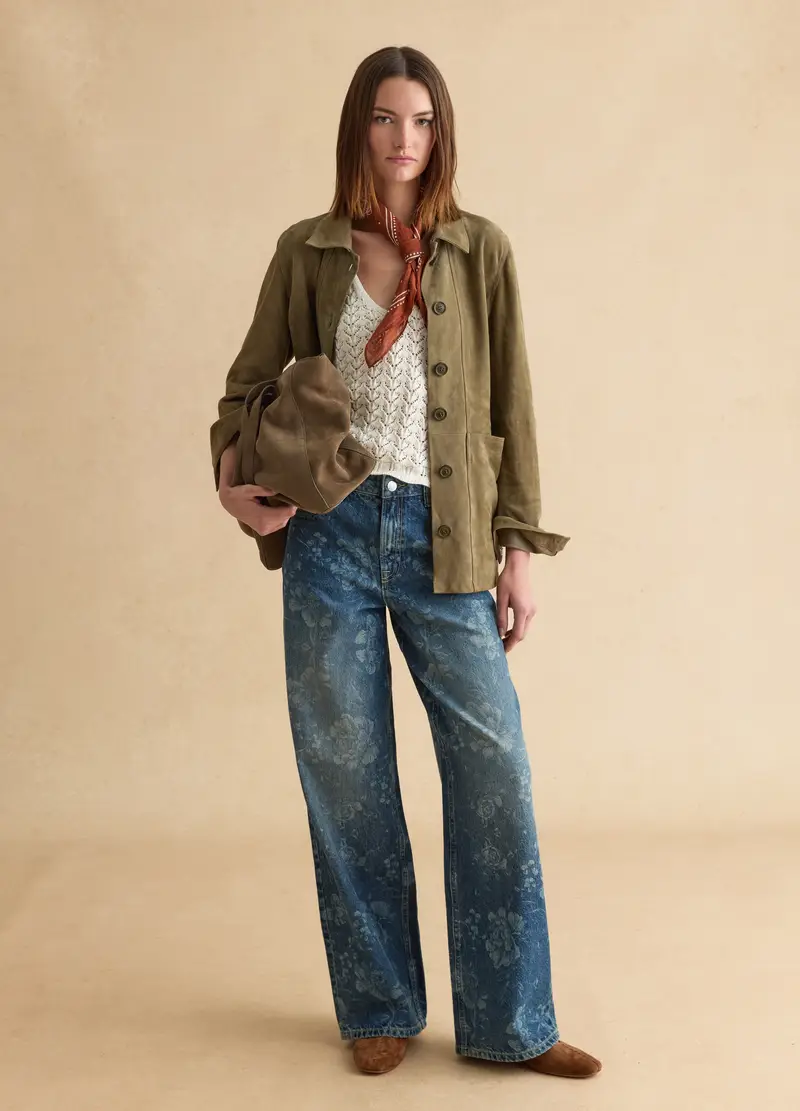 Jeans In Puro Cotone Denim Blu Wide Leg Con Design Floreale, Donna, Denim